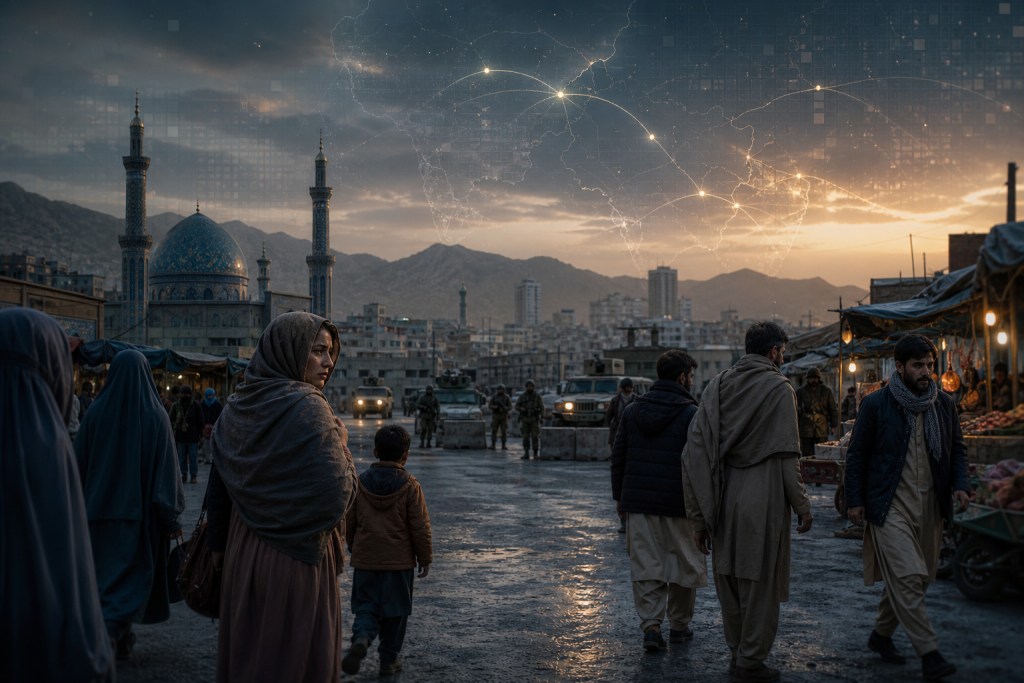People walk through a mountain city market beside a blue-domed mosque, with a glowing network map over the skyline