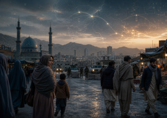 People walk through a mountain city market beside a blue-domed mosque, with a glowing network map over the skyline