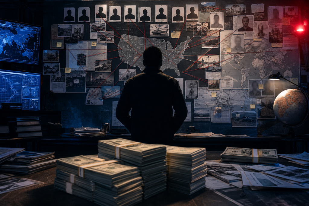 Person stands before maps, photographs, and documents connected by red lines, with stacks of cash on a desk