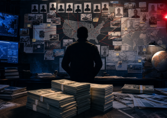 Person stands before maps, photographs, and documents connected by red lines, with stacks of cash on a desk