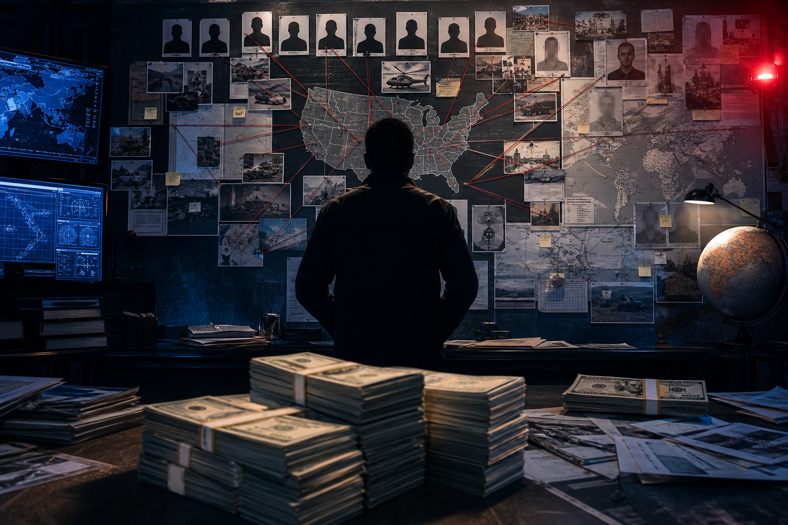 Person stands before maps, photographs, and documents connected by red lines, with stacks of cash on a desk
