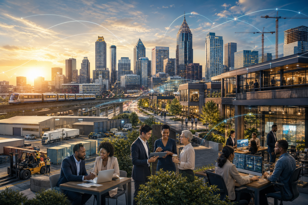 Professionals collaborate on a rooftop overlooking a connected city with transit, construction, and digital network links