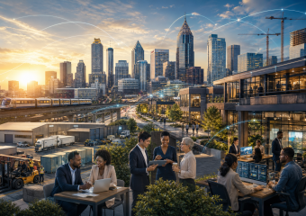 Professionals collaborate on a rooftop overlooking a connected city with transit, construction, and digital network links