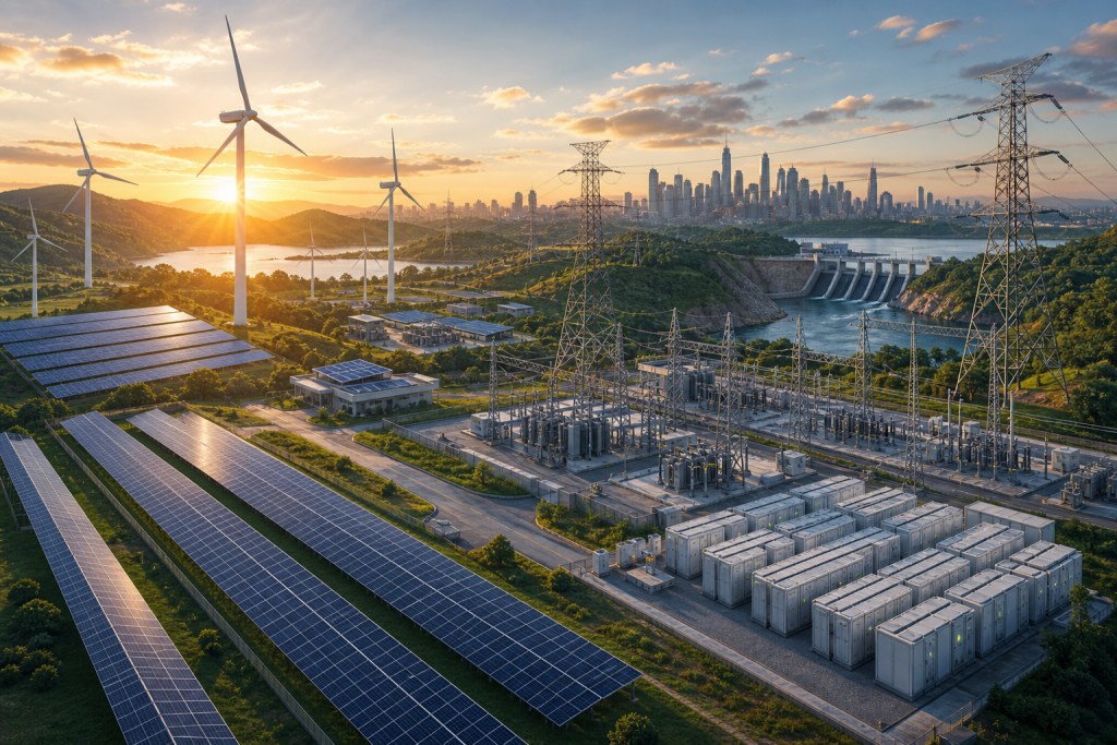 Renewable energy complex with solar panels, wind turbines, a hydroelectric dam, battery storage, and a city skyline