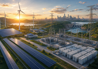 Renewable energy complex with solar panels, wind turbines, a hydroelectric dam, battery storage, and a city skyline