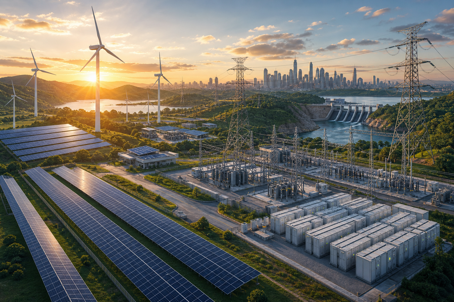 Renewable energy complex with solar panels, wind turbines, a hydroelectric dam, battery storage, and a city skyline