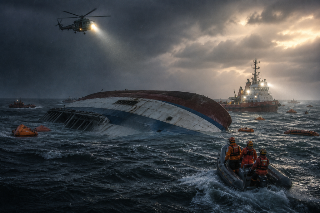 Rescue crews approach a capsized ship in rough seas as a helicopter shines a searchlight overhead
