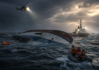 Rescue crews approach a capsized ship in rough seas as a helicopter shines a searchlight overhead