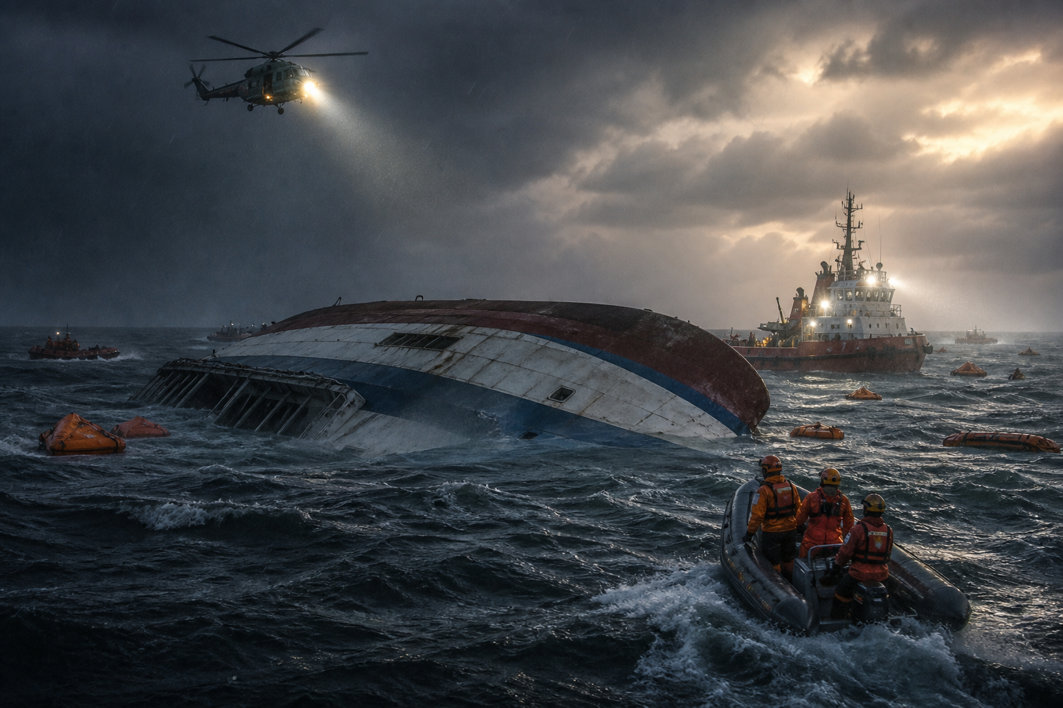 Rescue crews approach a capsized ship in rough seas as a helicopter shines a searchlight overhead