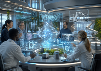 Researchers collaborate around holographic data displays in a futuristic laboratory with robotic arms