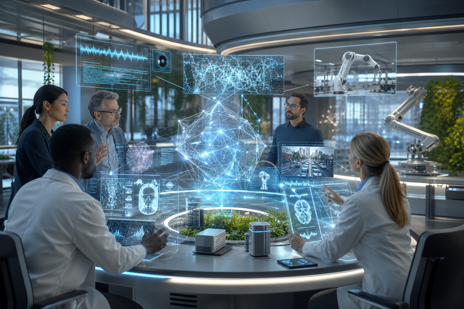 Researchers collaborate around holographic data displays in a futuristic laboratory with robotic arms