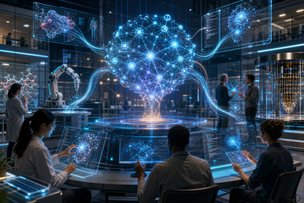 Researchers work around holographic displays of a glowing neural network in a futuristic laboratory