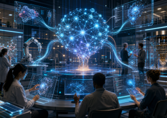 Researchers work around holographic displays of a glowing neural network in a futuristic laboratory