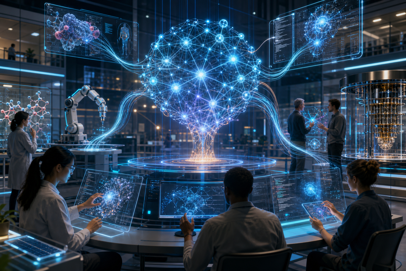 Researchers work around holographic displays of a glowing neural network in a futuristic laboratory