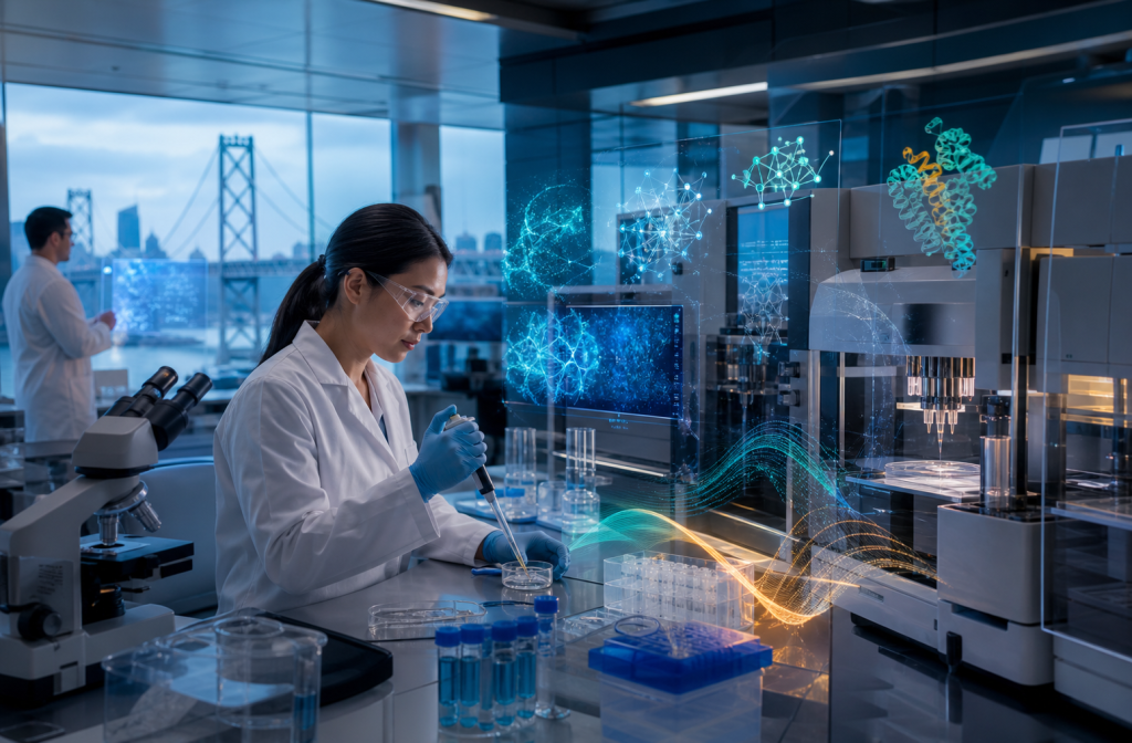 Scientist in a laboratory uses a pipette with test tubes and analytical equipment nearby
