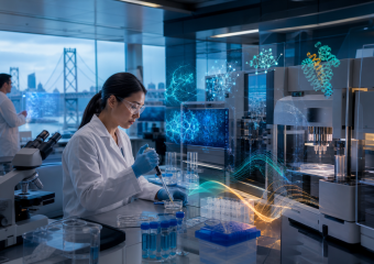 Scientist in a laboratory uses a pipette with test tubes and analytical equipment nearby