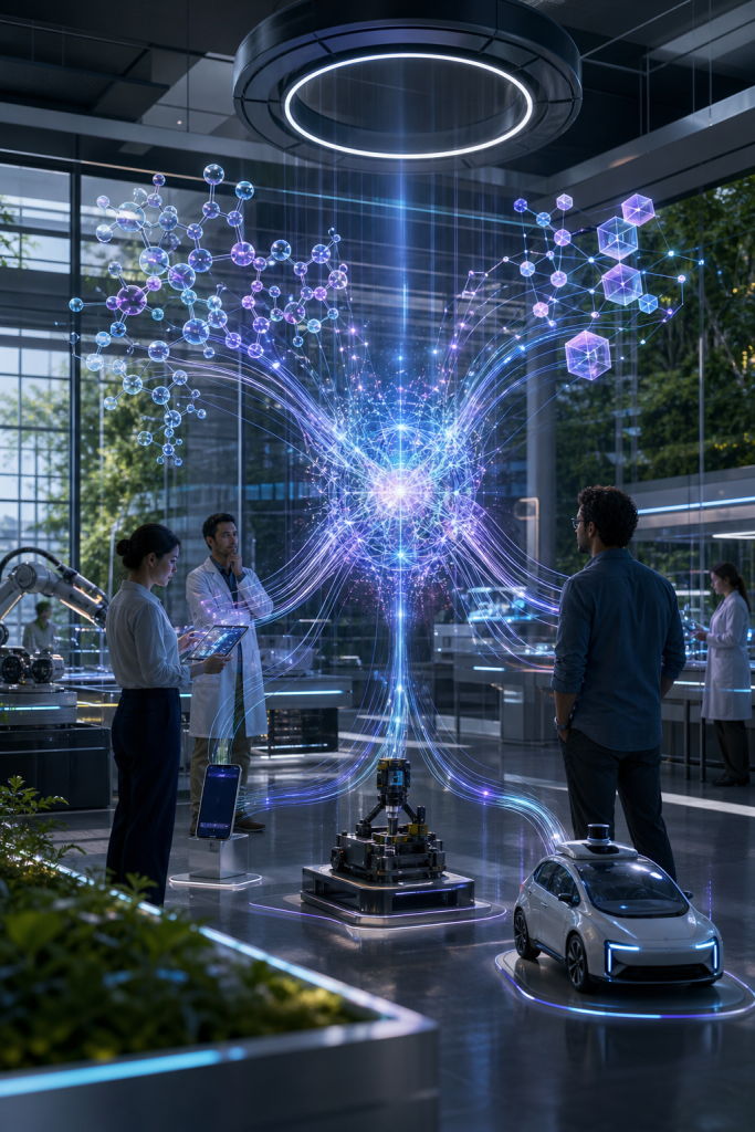 Scientists examine a glowing holographic network connecting molecular structures, a robotic device, and an autonomous car in a laboratory