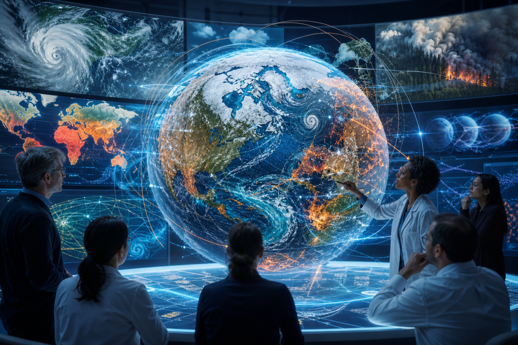 Scientists examine a holographic globe displaying global weather patterns, storms, wildfires, and climate data