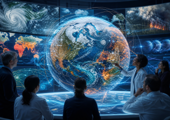 Scientists examine a holographic globe displaying global weather patterns, storms, wildfires, and climate data