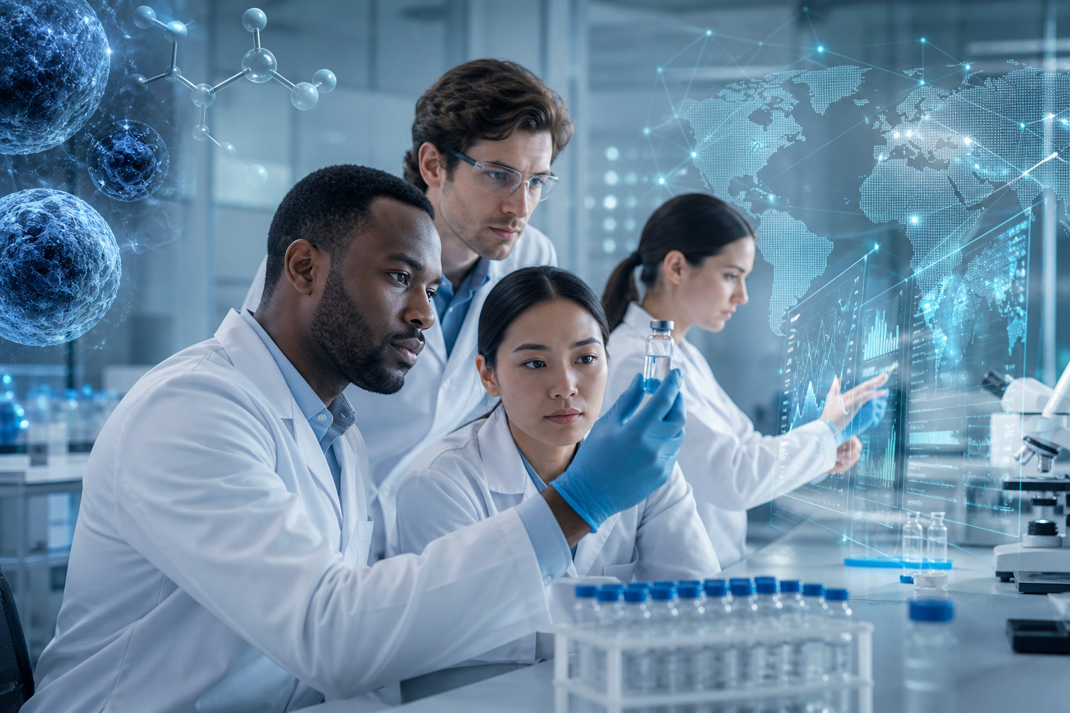 Scientists in lab coats conduct biomedical research with a vial, microscope, molecular models, and digital data displays