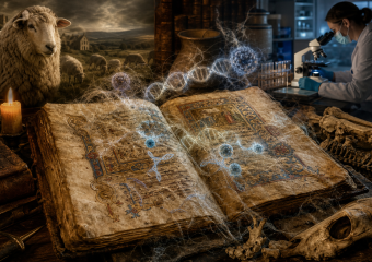Sheep, medieval manuscript, DNA strands, animal bones, and a masked scientist examining samples under a microscope