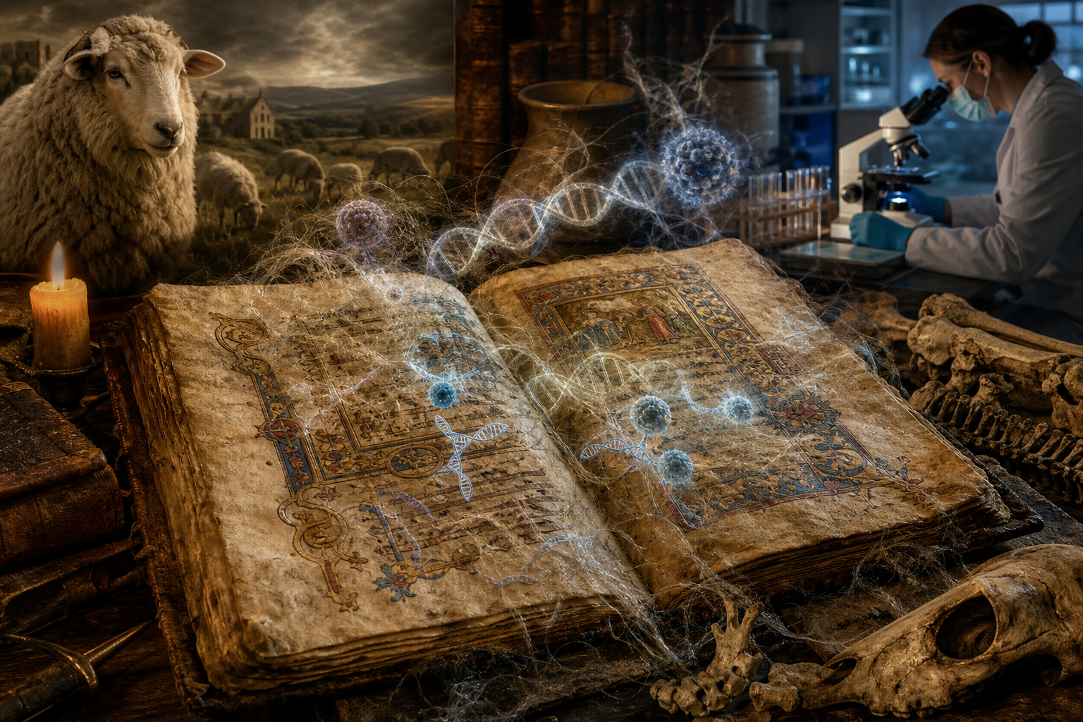 Sheep, medieval manuscript, DNA strands, animal bones, and a masked scientist examining samples under a microscope