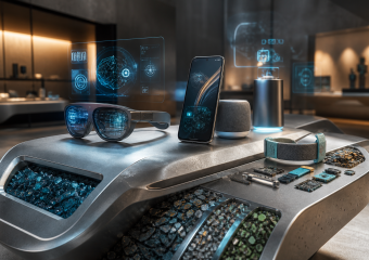 Smart glasses, smartphone, smart speaker, wearable band, and electronic components arranged on a futuristic display table