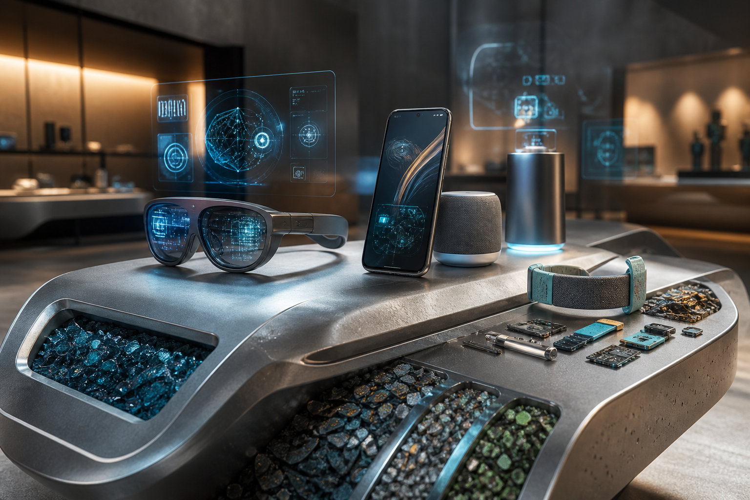 Smart glasses, smartphone, smart speaker, wearable band, and electronic components arranged on a futuristic display table