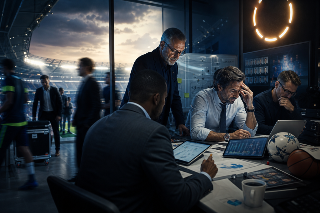 Sports analysts meet around a table reviewing charts and screens in a stadium control room