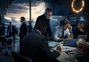 Sports analysts meet around a table reviewing charts and screens in a stadium control room