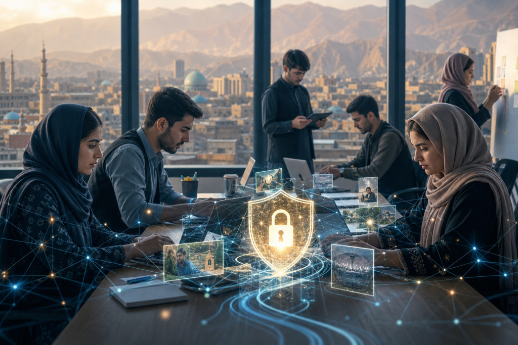 Team collaborating around a glowing digital shield and padlock, symbolizing cybersecurity, with a mountain city visible through windows