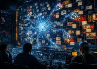Three analysts monitor a holographic wolf-like figure surrounded by connected documents and data displays