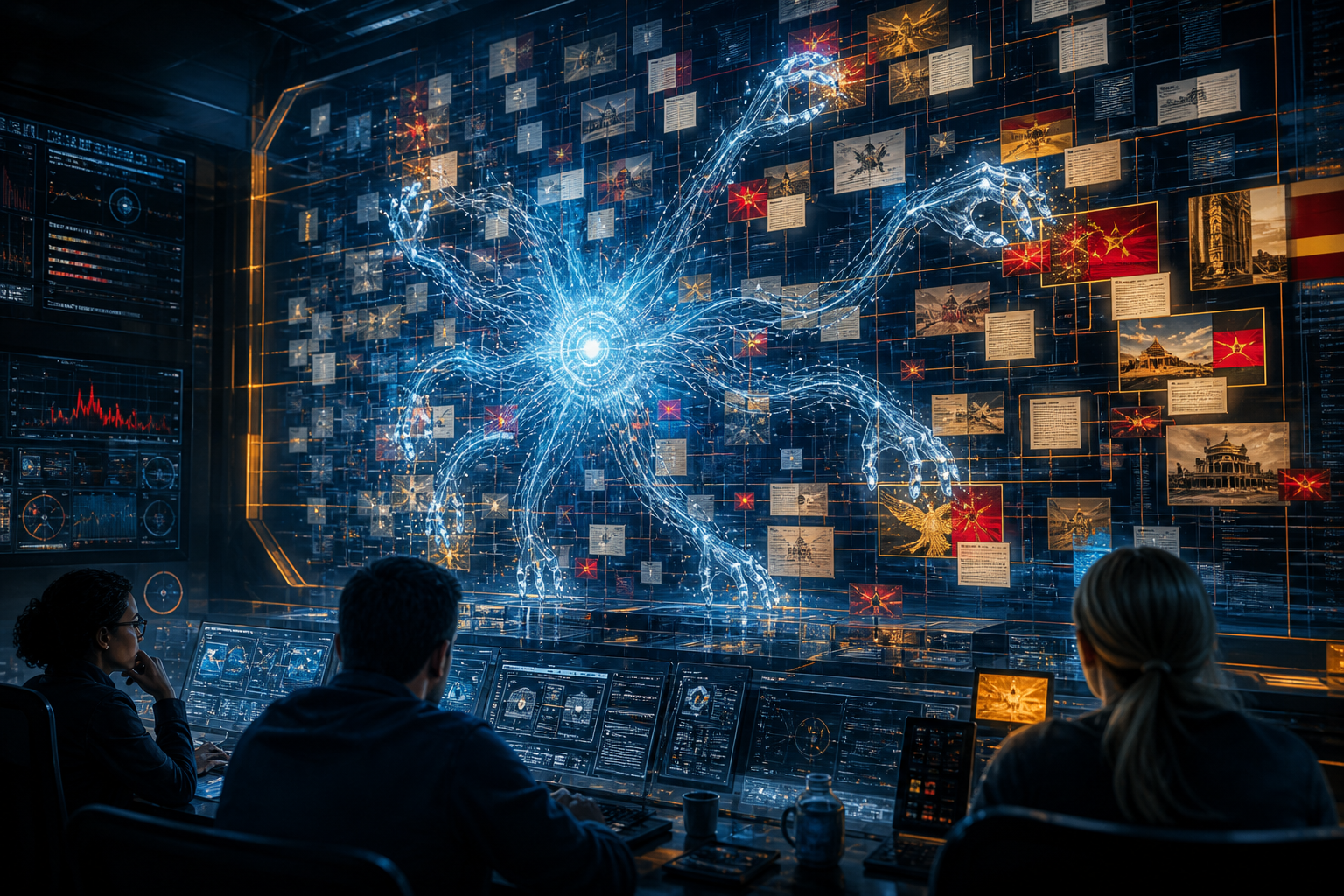 Three analysts monitor a holographic wolf-like figure surrounded by connected documents and data displays