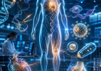 Translucent human body with a glowing heart, surrounded by DNA, cells, a virus, organs, and a digital network