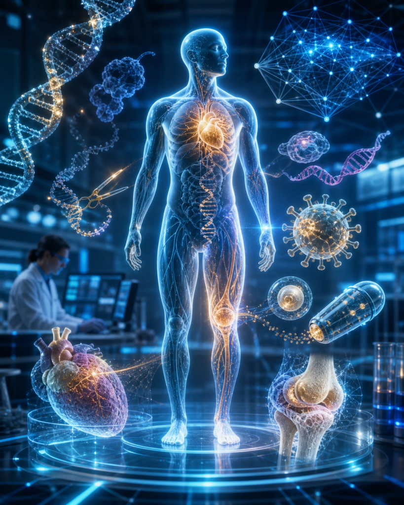 Translucent human body with a glowing heart, surrounded by DNA, cells, a virus, organs, and a digital network