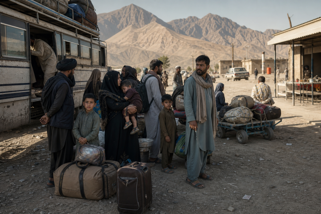 Travelers with luggage gather beside an old bus in a mountain town, with rugged mountains in the background