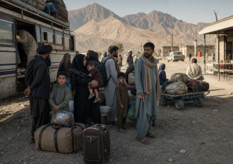 Travelers with luggage gather beside an old bus in a mountain town, with rugged mountains in the background
