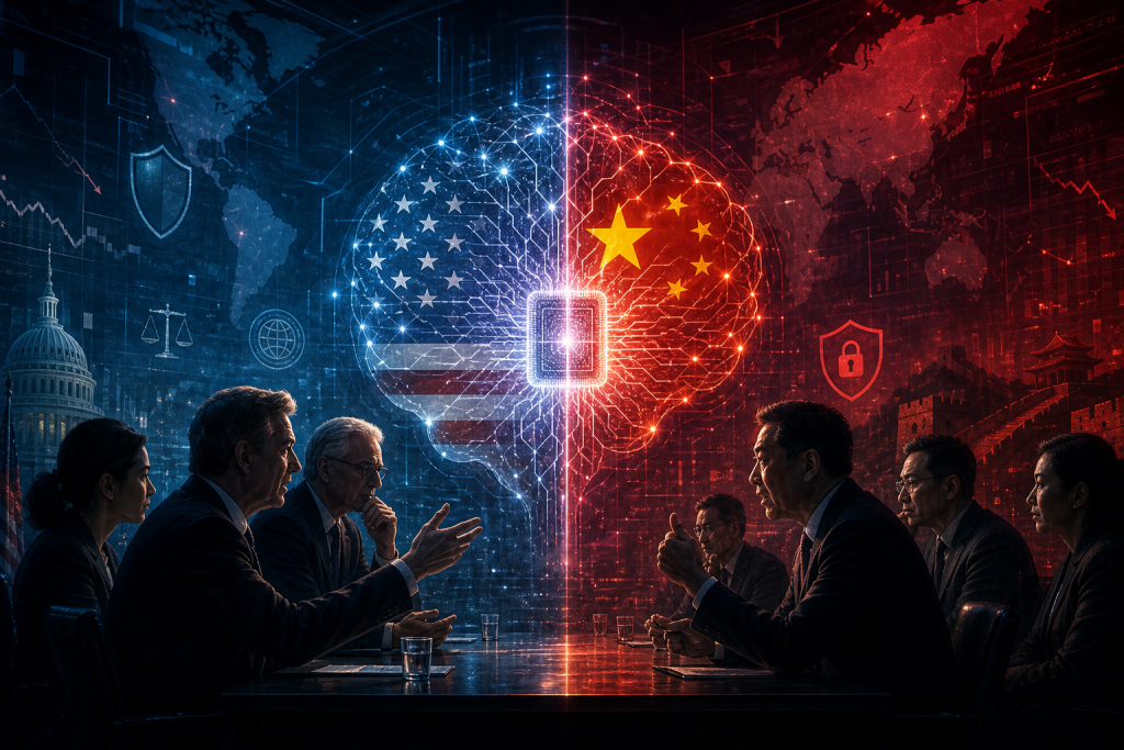 U.S. and Chinese officials negotiate across a glowing microchip, symbolizing technology and cybersecurity tensions
