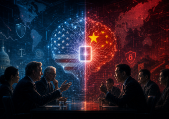 U.S. and Chinese officials negotiate across a glowing microchip, symbolizing technology and cybersecurity tensions