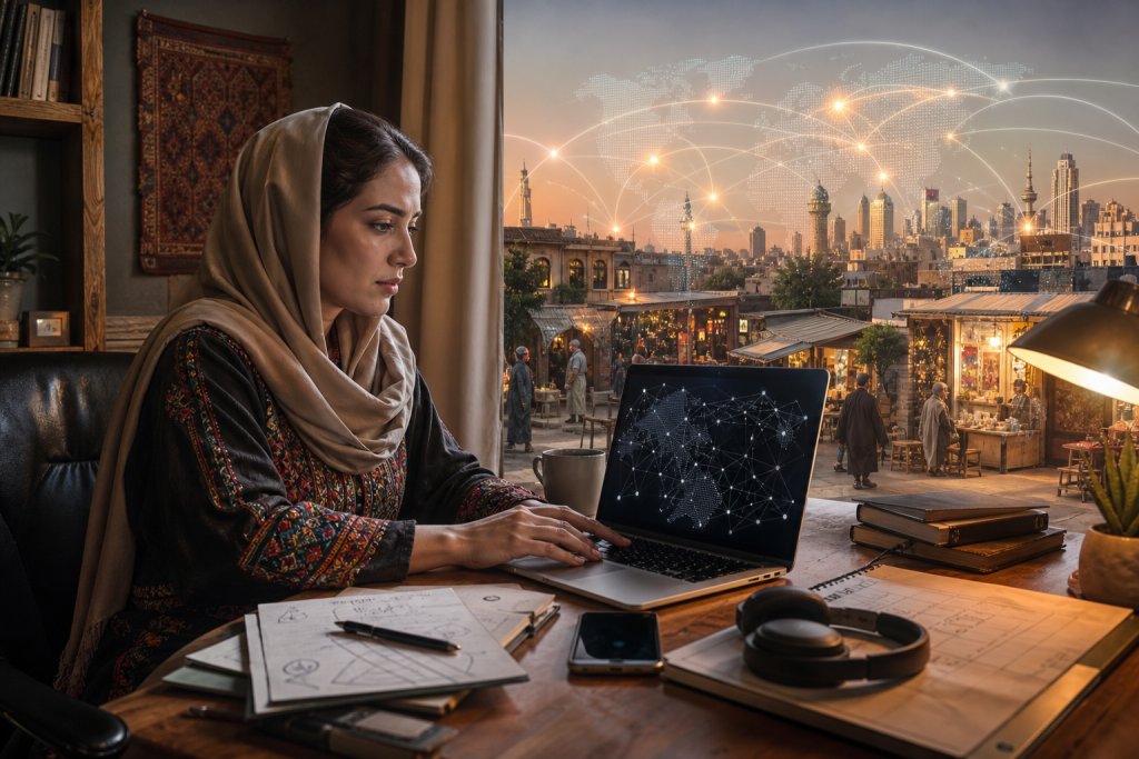 Woman in a headscarf works on a laptop overlooking a market and digitally connected city skyline