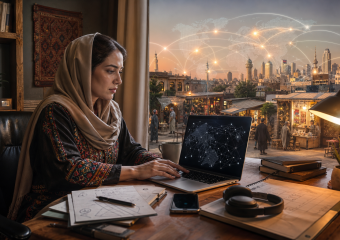Woman in a headscarf works on a laptop overlooking a market and digitally connected city skyline