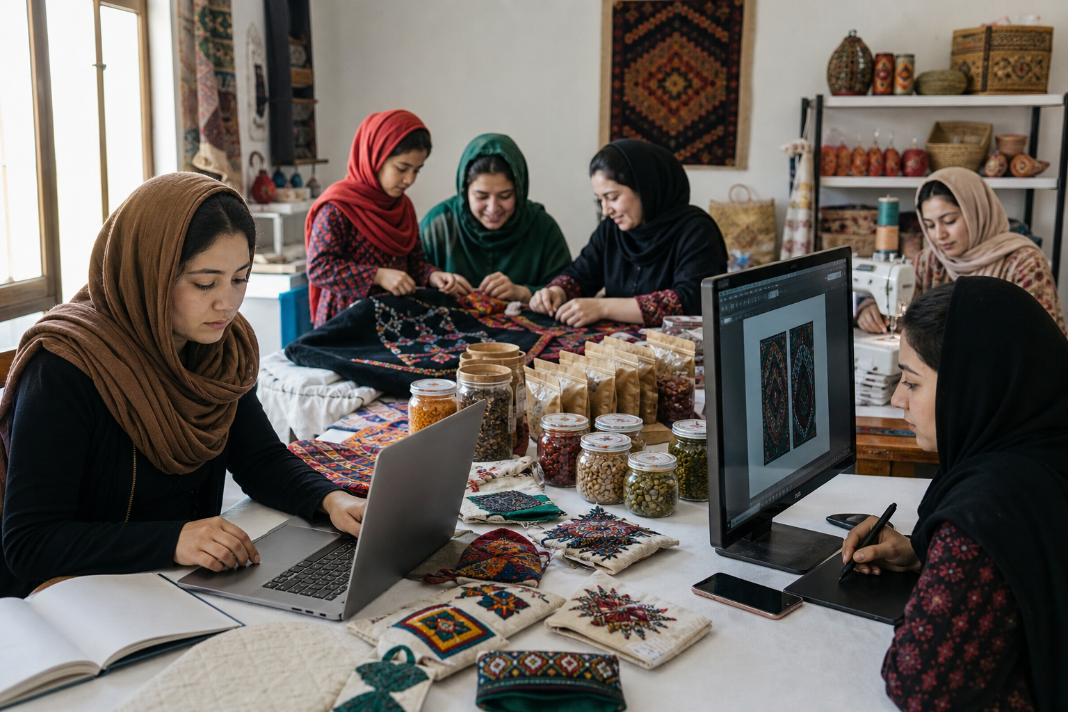 Women collaborate on traditional textile embroidery in a craft workshop, with fabric samples, supplies, and design software visible