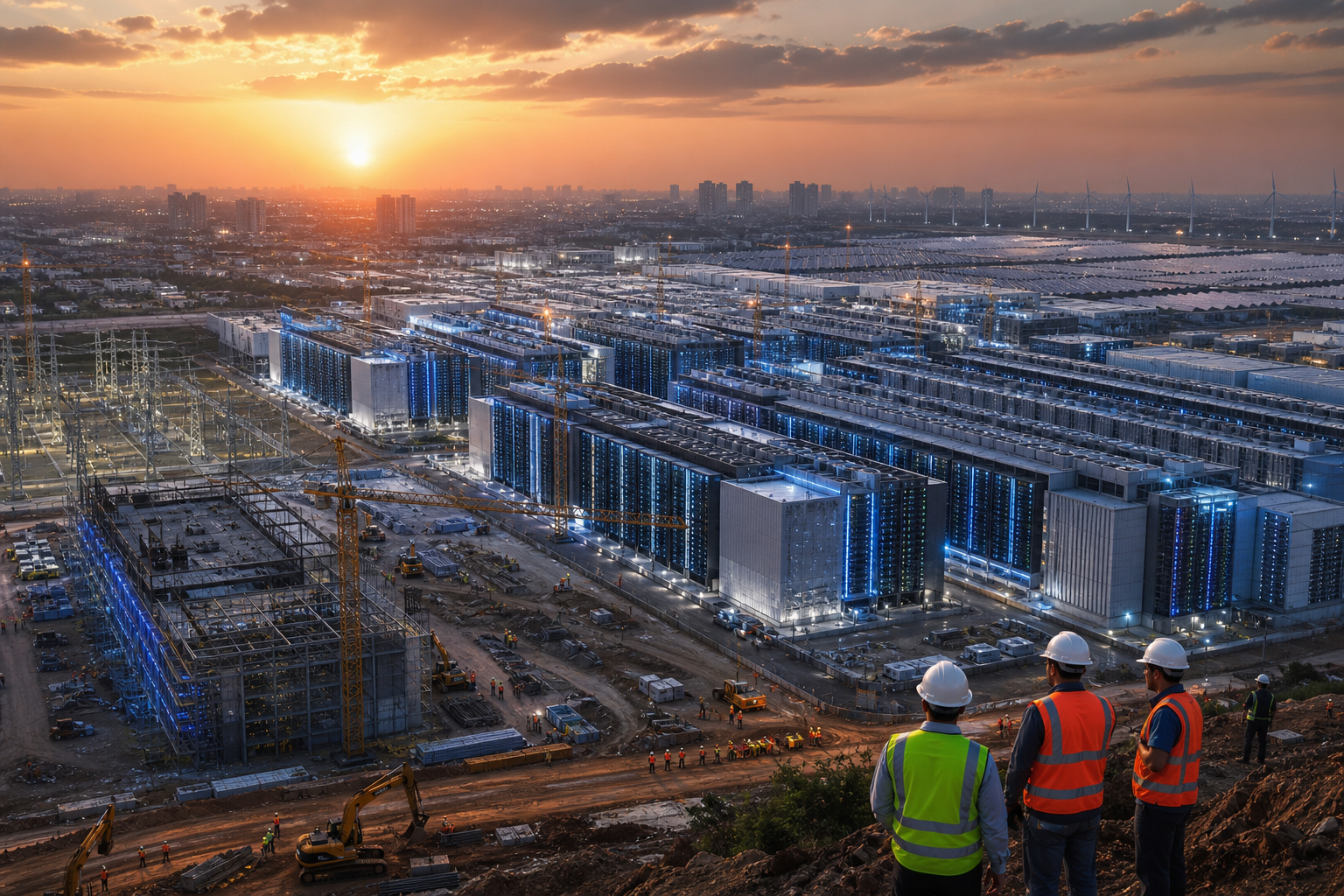 Workers oversee construction of a massive data center complex at sunset, with wind turbines and a city skyline in the background