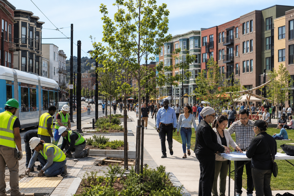 Workers plant trees beside a streetcar line as pedestrians walk through a lively urban neighborhood