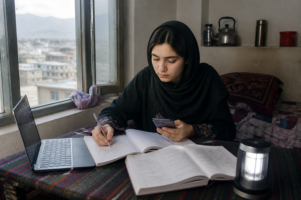 Young woman in a black headscarf studies at a table, writing in a notebook beside a laptop, books, and phone