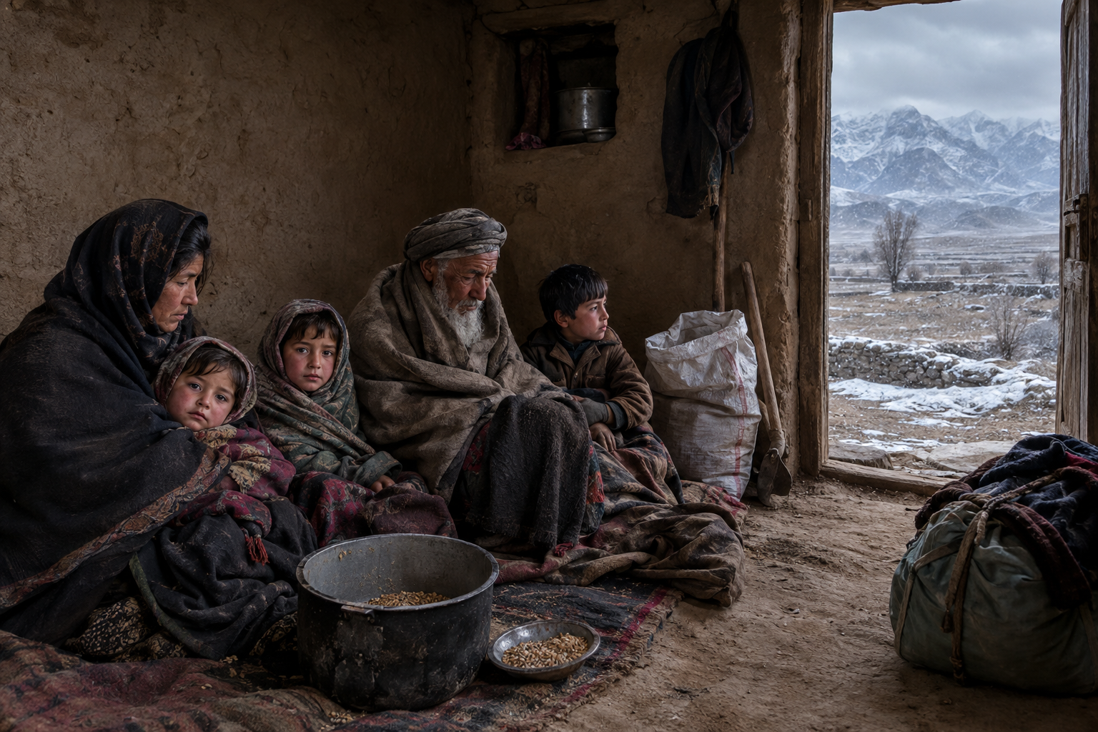 A family sits inside a rustic home, with snowy mountains visible through the open doorway