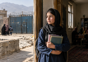 A student in a black headscarf holds textbooks in a doorway, with a rugged street and mountains behind her