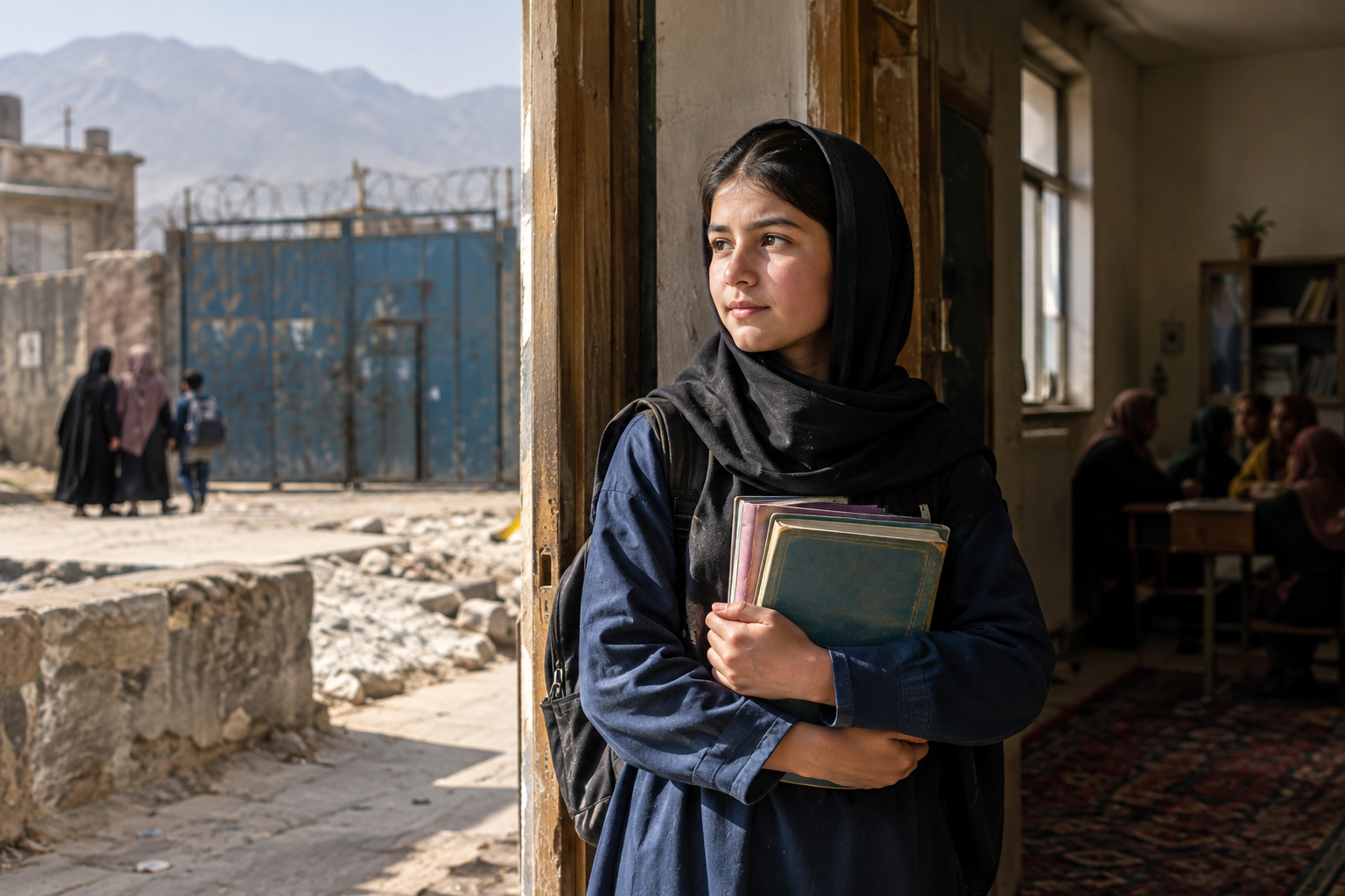 A student in a black headscarf holds textbooks in a doorway, with a rugged street and mountains behind her