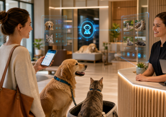 A woman checks in with her golden retriever and cat at a modern pet care reception desk