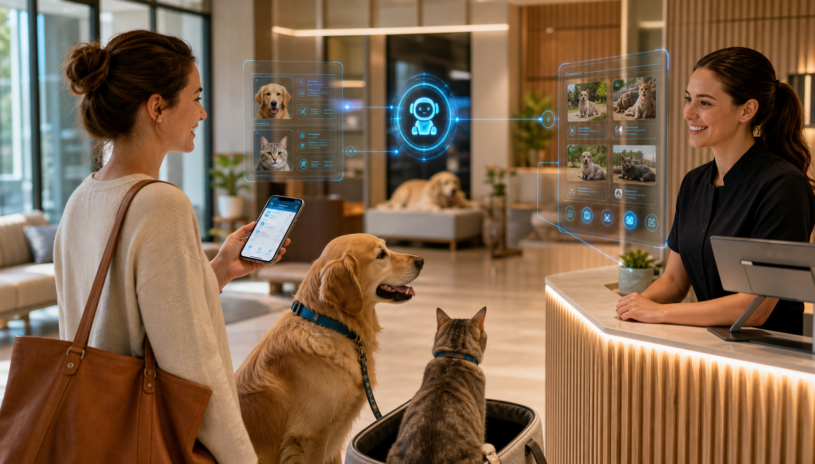 A woman checks in with her golden retriever and cat at a modern pet care reception desk